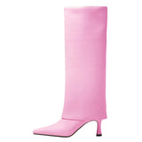 Women's Stiletto Heel Knee High Boots Square Toe Slip On Fold Over Boots For Women Leather Comfortable Dress Tall Boots