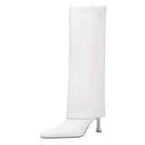 Women's Stiletto Heel Knee High Boots Square Toe Slip On Fold Over Boots For Women Leather Comfortable Dress Tall Boots