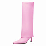 Women's Stiletto Heel Knee High Boots Square Toe Slip On Fold Over Boots For Women Leather Comfortable Dress Tall Boots