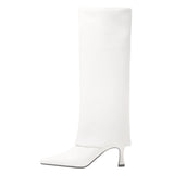 Women's Stiletto Heel Knee High Boots Square Toe Slip On Fold Over Boots For Women Leather Comfortable Dress Tall Boots