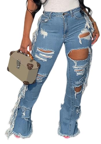 Cookies Ripped Bell Bottom Jean High Wiasted Cutout Tassels Frayed Hem Flare Denim Pants