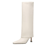 Women's Stiletto Heel Knee High Boots Square Toe Slip On Fold Over Boots For Women Leather Comfortable Dress Tall Boots