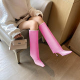 Women's Stiletto Heel Knee High Boots Square Toe Slip On Fold Over Boots For Women Leather Comfortable Dress Tall Boots