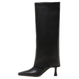 Women's Stiletto Heel Knee High Boots Square Toe Slip On Fold Over Boots For Women Leather Comfortable Dress Tall Boots