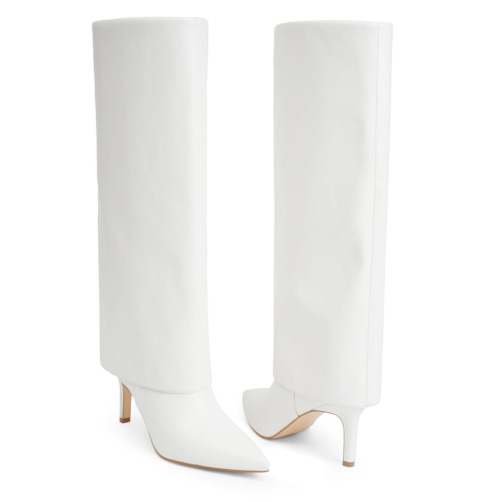 Knee High Boots Women Fold Over Boots Pointed Toe Stiletto Heel
