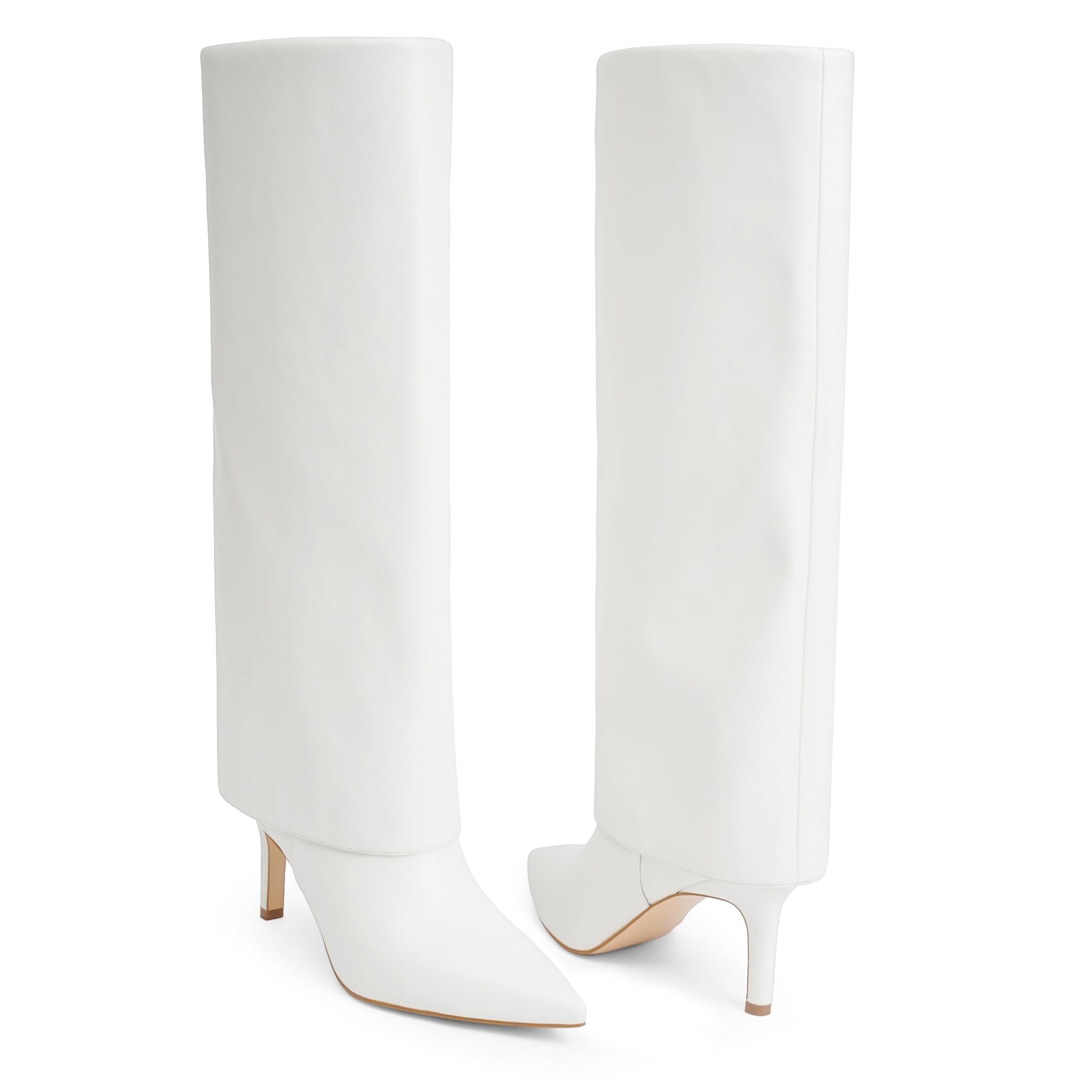 Knee High Boots Women Fold Over Boots Pointed Toe Stiletto Heel