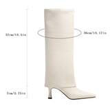 Women's Stiletto Heel Knee High Boots Square Toe Slip On Fold Over Boots For Women Leather Comfortable Dress Tall Boots