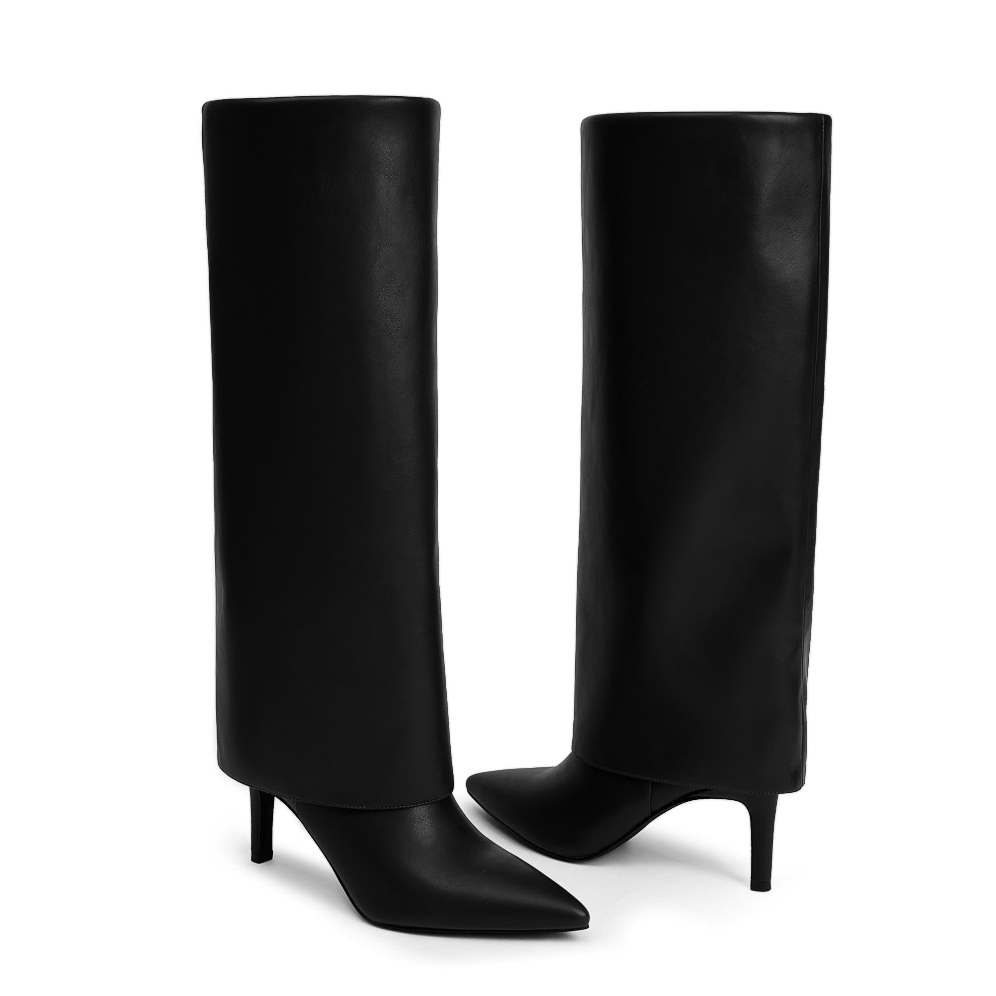 Knee High Boots Women Fold Over Boots Pointed Toe Stiletto Heel