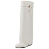Fold Over Boots for Women Pointy Pull-on Wedge Heel Knee Shark Boot With Side Zipper Padlock Design