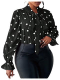 On Dot Print Bow Tie Neck Long Sleeve Blouse