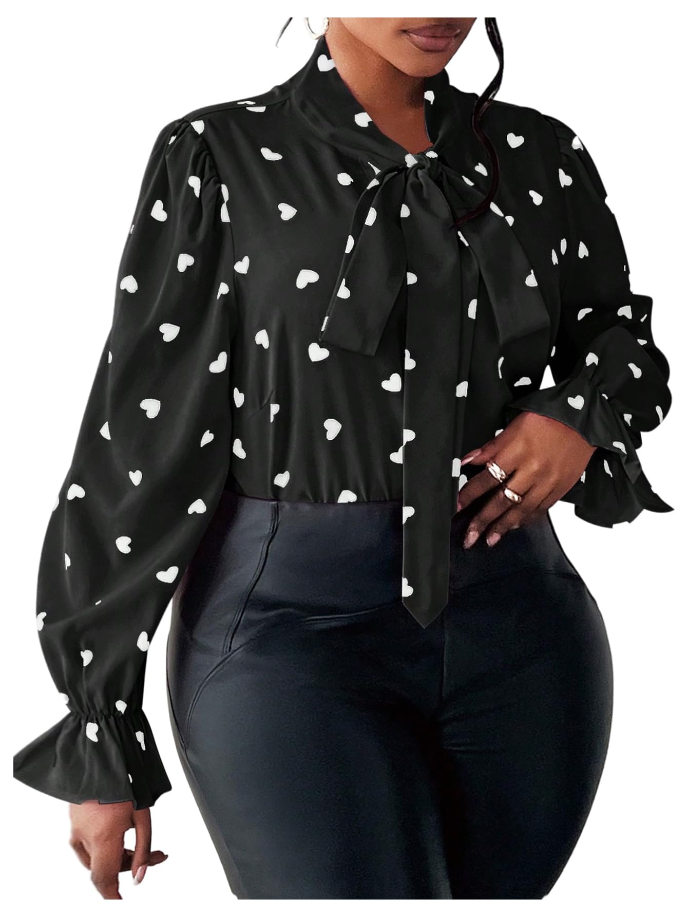 On Dot Print Bow Tie Neck Long Sleeve Blouse