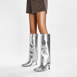 Women's Stiletto Heel Knee High Boots Square Toe Slip On Fold Over Boots For Women Leather Comfortable Dress Tall Boots
