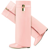 Fold Over Boots for Women Pointy Pull-on Wedge Heel Knee Shark Boot With Side Zipper Padlock Design