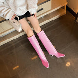 Women's Stiletto Heel Knee High Boots Square Toe Slip On Fold Over Boots For Women Leather Comfortable Dress Tall Boots