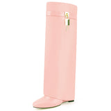 Fold Over Boots for Women Pointy Pull-on Wedge Heel Knee Shark Boot With Side Zipper Padlock Design