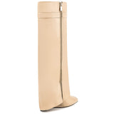 Fold Over Boots for Women Pointy Pull-on Wedge Heel Knee Shark Boot With Side Zipper Padlock Design