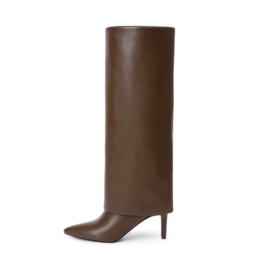 Knee High Boots Women Fold Over Boots Pointed Toe Stiletto Heel