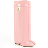 Fold Over Boots for Women Pointy Pull-on Wedge Heel Knee Shark Boot With Side Zipper Padlock Design