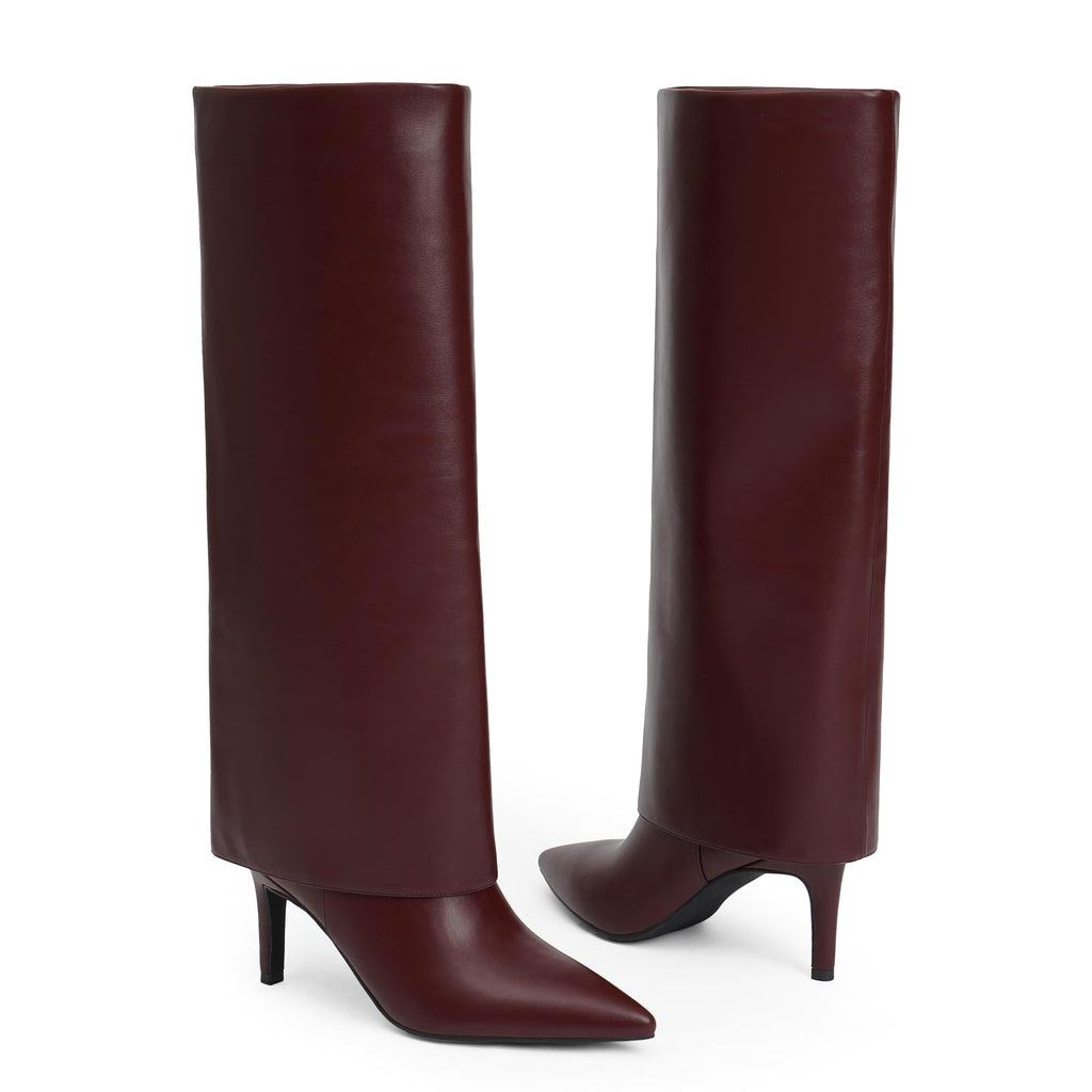 Knee High Boots Women Fold Over Boots Pointed Toe Stiletto Heel
