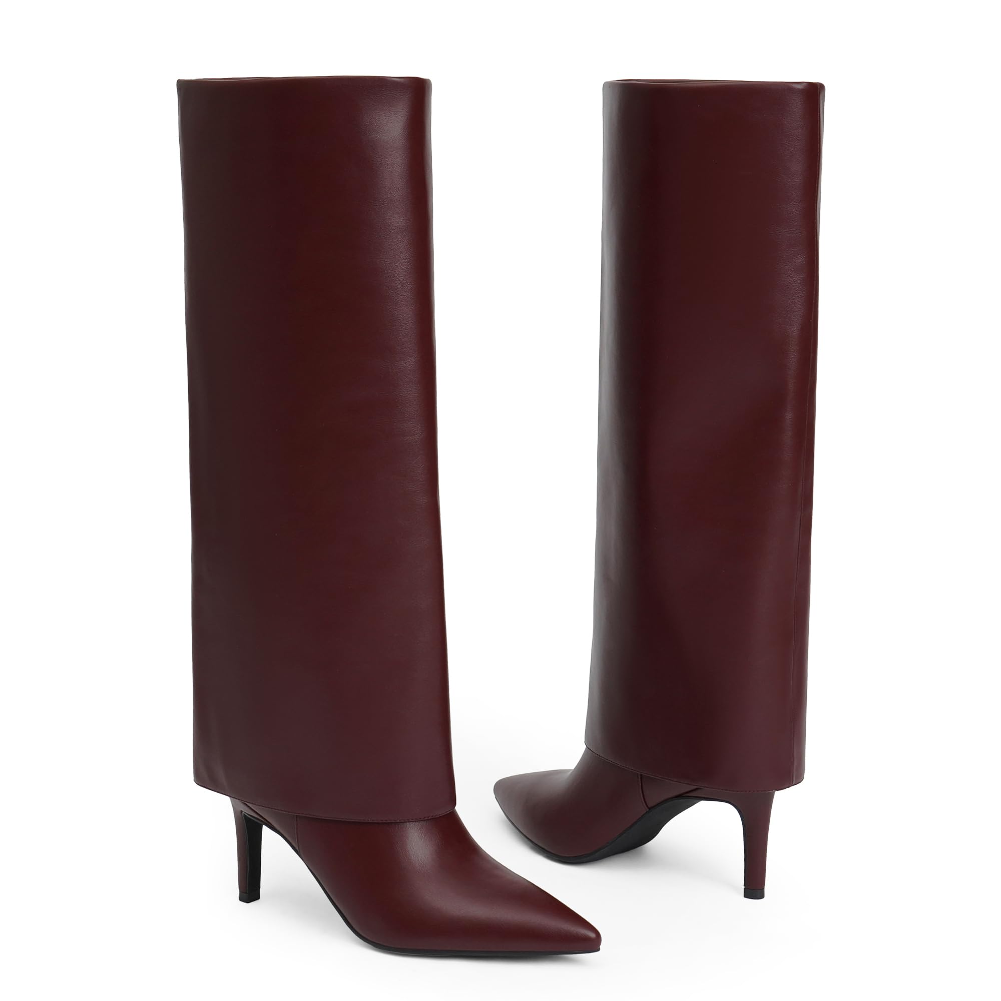 Knee High Boots Women Fold Over Boots Pointed Toe Stiletto Heel