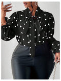 On Dot Print Bow Tie Neck Long Sleeve Blouse