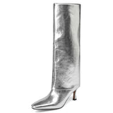 Women's Stiletto Heel Knee High Boots Square Toe Slip On Fold Over Boots For Women Leather Comfortable Dress Tall Boots