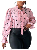 On Dot Print Bow Tie Neck Long Sleeve Blouse
