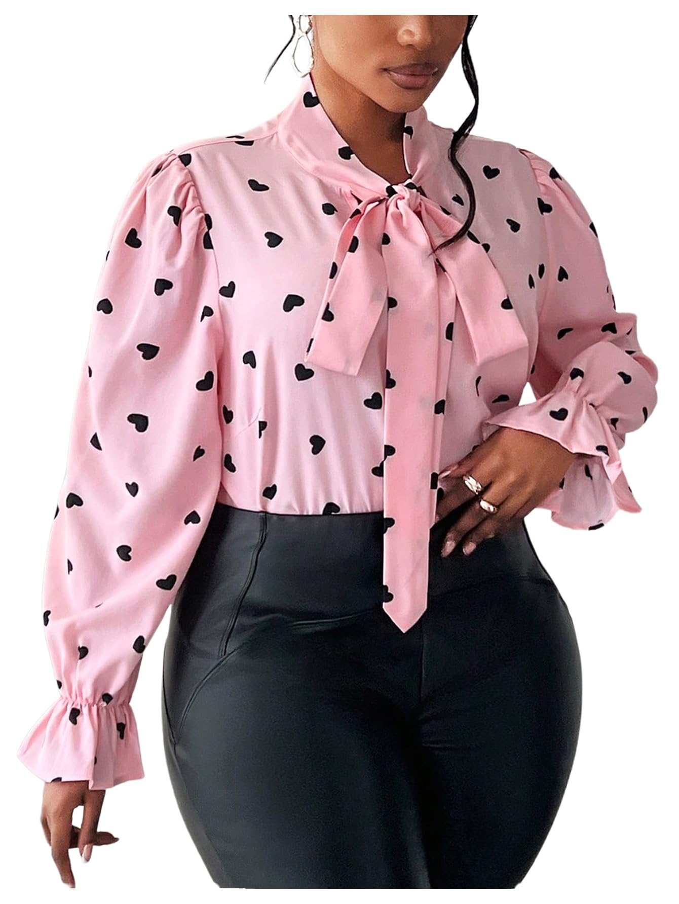 On Dot Print Bow Tie Neck Long Sleeve Blouse