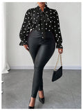 On Dot Print Bow Tie Neck Long Sleeve Blouse