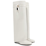 Fold Over Boots for Women Pointy Pull-on Wedge Heel Knee Shark Boot With Side Zipper Padlock Design