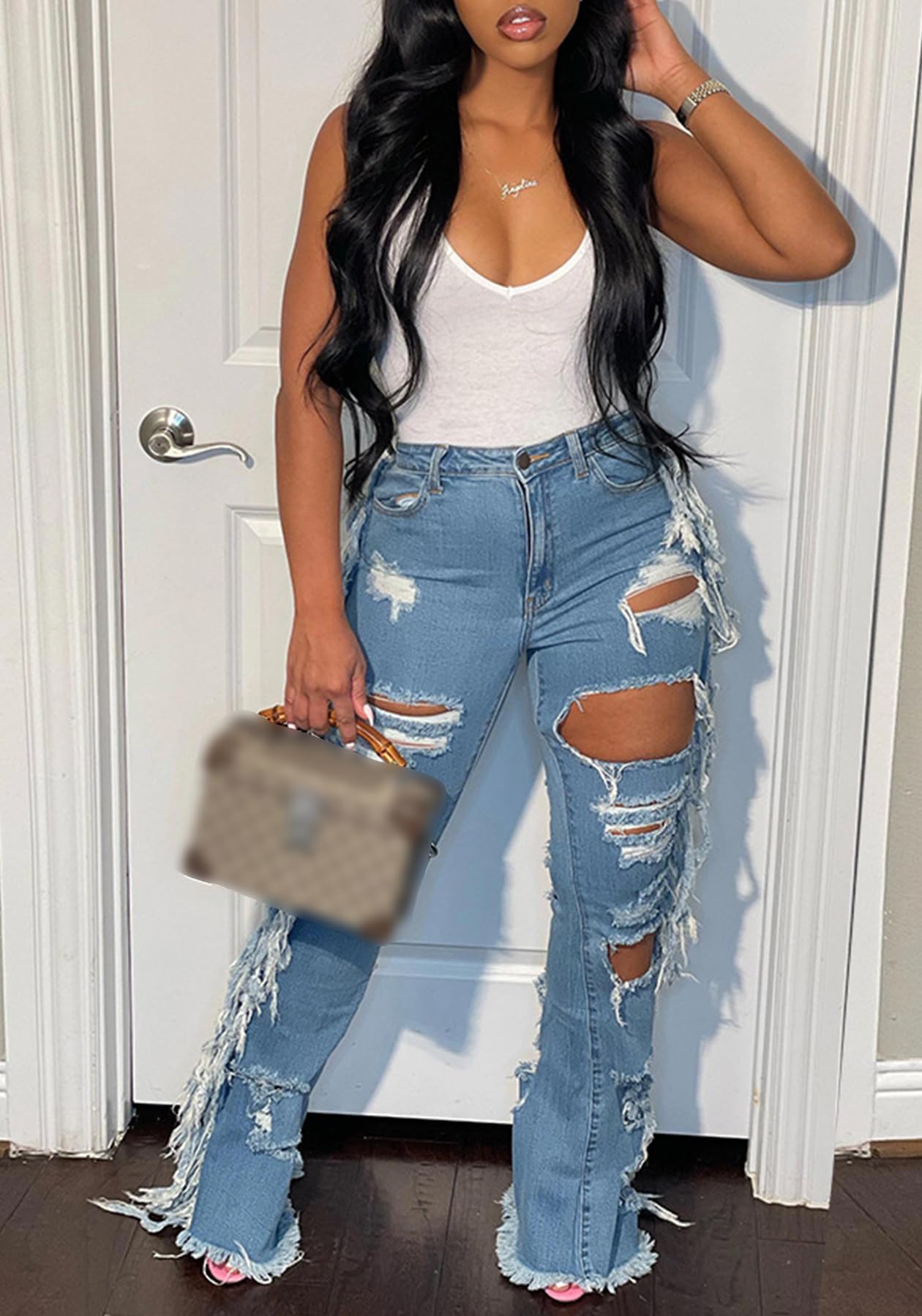 Cookies Ripped Bell Bottom Jean High Wiasted Cutout Tassels Frayed Hem Flare Denim Pants
