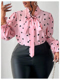 On Dot Print Bow Tie Neck Long Sleeve Blouse