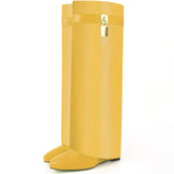 Fold Over Boots for Women Pointy Pull-on Wedge Heel Knee Shark Boot With Side Zipper Padlock Design