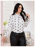 On Dot Print Bow Tie Neck Long Sleeve Blouse