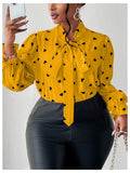 On Dot Print Bow Tie Neck Long Sleeve Blouse