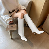 Women's Stiletto Heel Knee High Boots Square Toe Slip On Fold Over Boots For Women Leather Comfortable Dress Tall Boots