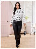 On Dot Print Bow Tie Neck Long Sleeve Blouse