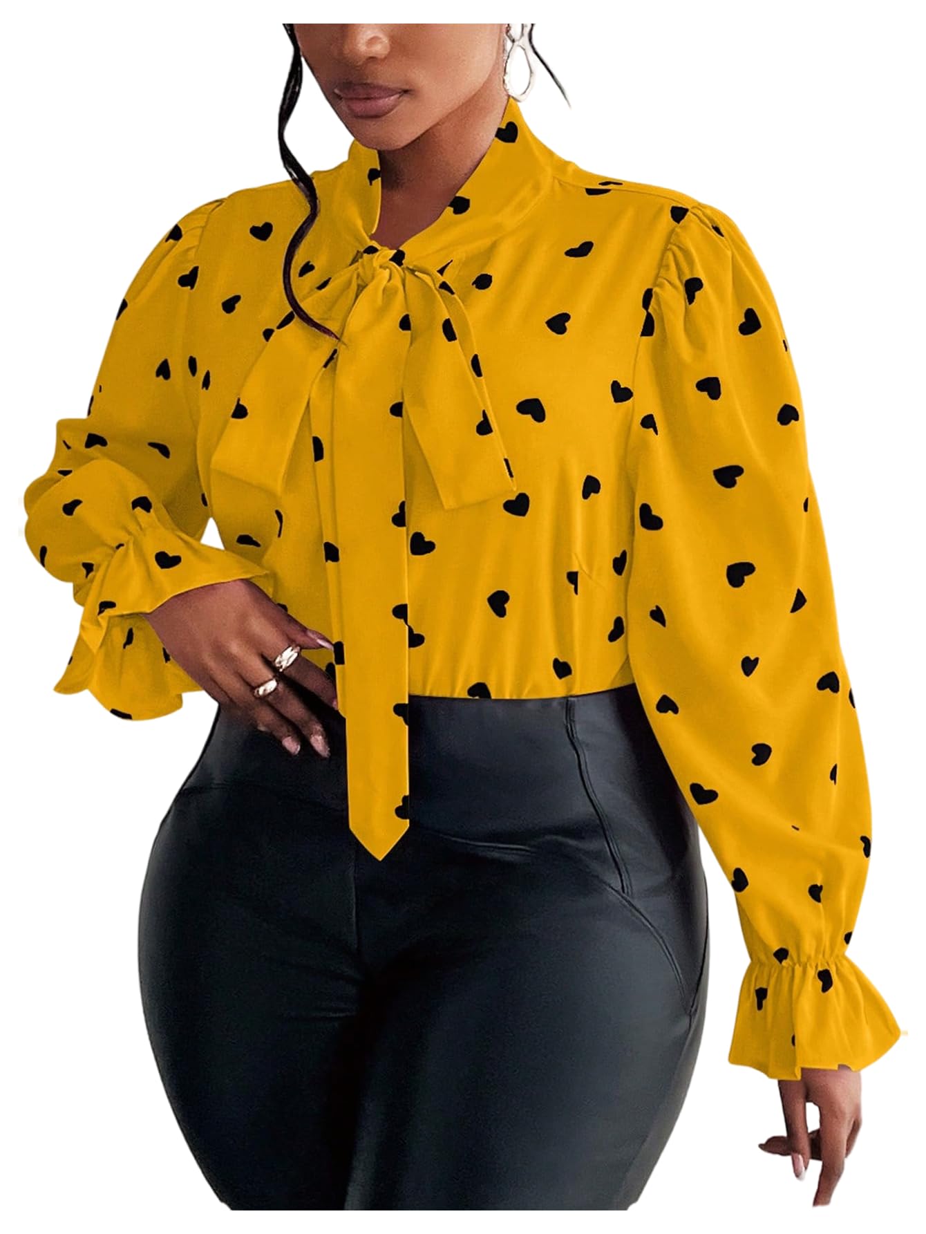 On Dot Print Bow Tie Neck Long Sleeve Blouse