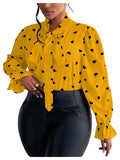 On Dot Print Bow Tie Neck Long Sleeve Blouse