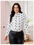 On Dot Print Bow Tie Neck Long Sleeve Blouse