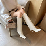 Women's Stiletto Heel Knee High Boots Square Toe Slip On Fold Over Boots For Women Leather Comfortable Dress Tall Boots
