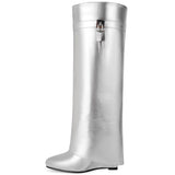 Fold Over Boots for Women Pointy Pull-on Wedge Heel Knee Shark Boot With Side Zipper Padlock Design