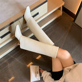 Women's Stiletto Heel Knee High Boots Square Toe Slip On Fold Over Boots For Women Leather Comfortable Dress Tall Boots