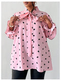 On Dot Print Bow Tie Neck Long Sleeve Blouse