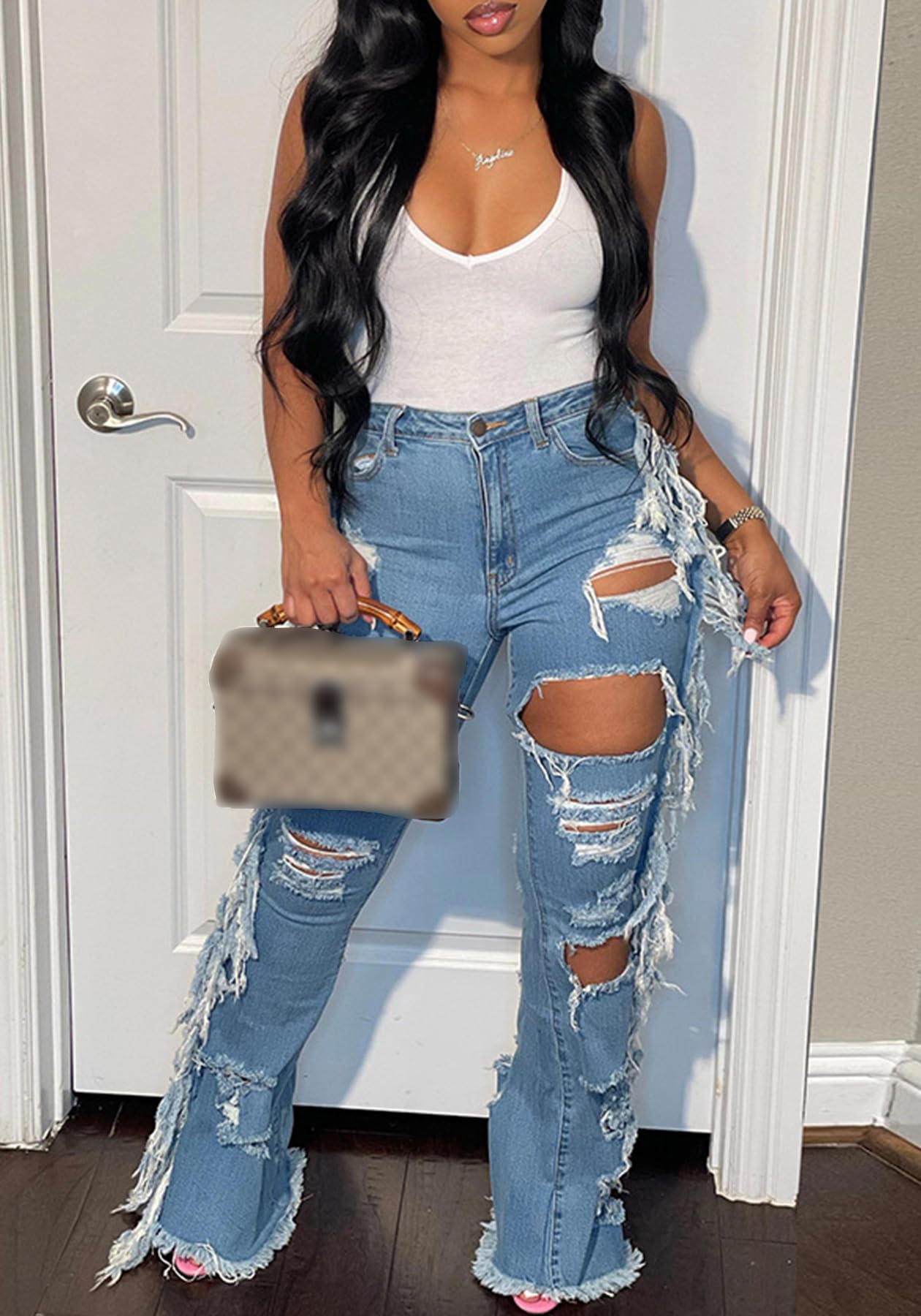 Cookies Ripped Bell Bottom Jean High Wiasted Cutout Tassels Frayed Hem Flare Denim Pants