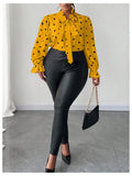 On Dot Print Bow Tie Neck Long Sleeve Blouse