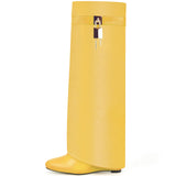 Fold Over Boots for Women Pointy Pull-on Wedge Heel Knee Shark Boot With Side Zipper Padlock Design