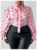 On Dot Print Bow Tie Neck Long Sleeve Blouse
