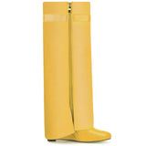 Fold Over Boots for Women Pointy Pull-on Wedge Heel Knee Shark Boot With Side Zipper Padlock Design