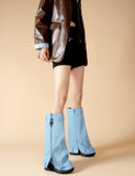 Fold Over Boots for Women Pointy Pull-on Wedge Heel Knee Shark Boot With Side Zipper Padlock Design